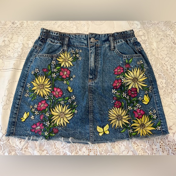 Hand Painted Denim Skirt - Picture 1 of 6
